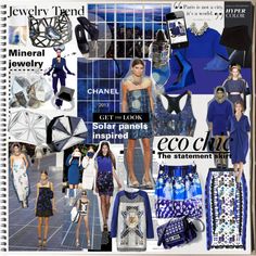 a collage of women's clothing and accessories in blue, white, and black