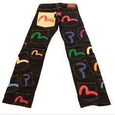 If You’re A Hypebae You Already Know Wussup!!! Evisu Donna Multi-Pocket Jeans, Soooo Cute And Colorful. Women's Size 28 But These Fit Way Smaller. I'm Normally A 26/27 In Jeans And These Did Not Fit Over My Butt. If You Are More A 24/25 Or 0/2, These Should Fit! These Are Vintage But In Good Condition, No Rips Or Tears, And No Fading Of Logos On Pockets. Very Rare And Iconic Sought After Style From Evisu, A Japanese Denim Lover’s Dream Evisu Pants, Evisu Jeans, Thrift Flips, Japanese Denim, Pocket Jeans, Very Rare, Pajama Pants, Vintage Outfits, Straight Leg