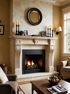 a living room filled with furniture and a fire place in front of a mirror on the wall