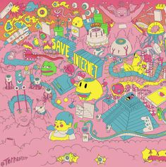 an image of a pink background with lots of cartoon characters and things on it that are all over the place