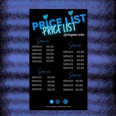 the price list for an event is displayed in front of a black background with blue and green lights