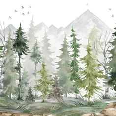 watercolor painting of trees and birds in the mountains