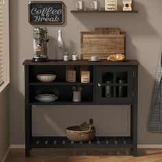 a shelf with some food on top of it next to a basket and coffee maker