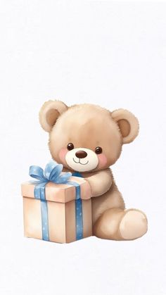 a brown teddy bear sitting next to a gift box