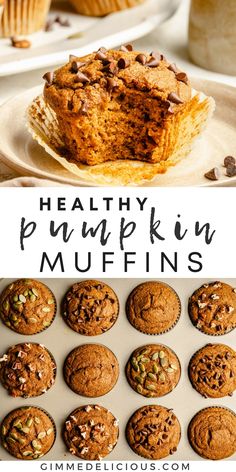 healthy pumpkin muffins with chocolate chips on top and in the background, there are other muffins