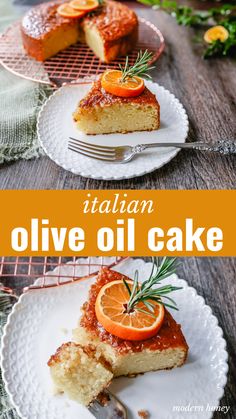 two plates with slices of olive oil cake on them