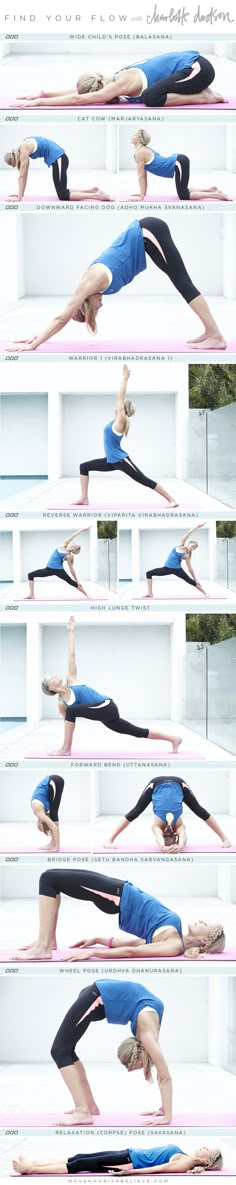 an image of a woman doing yoga poses in different positions on the same side as she is