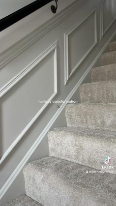 stairs leading up to the top of a house with white trim and black handrails