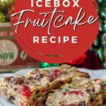 two pieces of icebox fruitcake sitting on top of a white plate next to christmas decorations