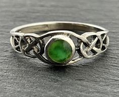 Vintage Green Natural Hardstone Sterling Silver Dainty Celtic Knot Solitaire Band Ring, UK Size L, US Size 5 1/2, EU Size 50 3/4, Stamped 925, Front Max Length 6mm, Weight 1.28 Grams, Lovely Condition Solitaire Bands, Celtic Knot, Rings Statement, Band Ring, Band Rings, Statement Rings, Jewelry Rings, Accessory Gift, Electronic Accessories