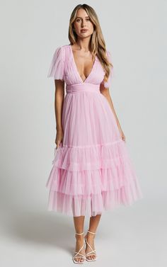 Jiraye Midi Dress - Flutter Sleeve Tuelle Plunge Dress in Ballet Pink | Showpo USA Blush Tulle Party Dress, Spring Party Dress With Flutter Sleeves, Summer Tulle Dress With Flutter Sleeves, Tulle Dress With Flutter Sleeves For Party, Blush Dress For Summer Party, Blush Party Dress For Summer, Feminine Tulle V-neck Dress, Blush Summer Party Dress, Summer Party Blush Dress