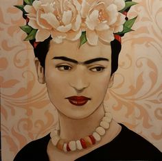 a painting of fridace with flowers on her head and necklace around her neck