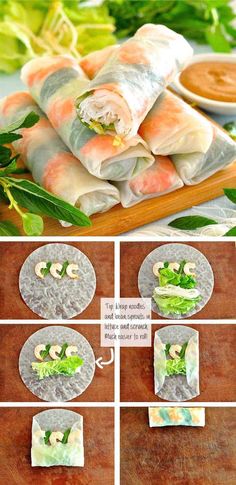 the steps to make spring rolls with mushrooms and lettuce on them are shown