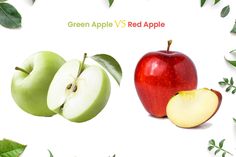 green apple and red apple with leaves on white background