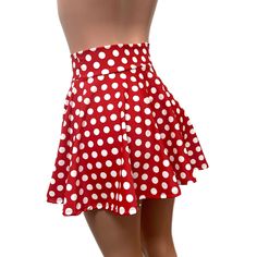 Everyone needs a little polka-dot in their lives! This red & white polka dot spandex skater skirt is a full-circle mini skirt that will sit high on your natural waist. It is perfect for your "Minnie" costume or festival outfit. We use high quality 4-way stretch spandex and make our clothing to order in the USA. Summer Polka Dot Mini Bottoms, Retro Summer Tennis Skirt, Retro Tennis Skirt For Summer, Retro Mini Length Tennis Skirt, Retro Red Skort For Summer, Retro Red Summer Skort, Retro Fitted Tennis Skirt For Summer, Fitted Retro Tennis Skirt For Summer, Summer Polka Dot Flared Skirt