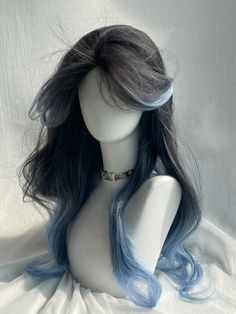 Light Blue And Black Hair, Blue Black Wig, Blue Hair Ombre, Blue Hair Wig, Black And Blue Hair, Kawaii Wig, Blue Balayage, Blue Hair Dye, Pretty Hair Cuts