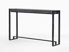 a black console table with an iron frame