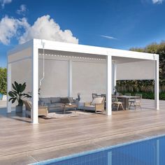 an outdoor living area next to a swimming pool