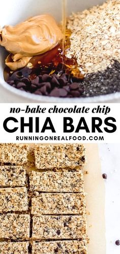 no - bake chocolate chip chia bars with peanut butter and chocolate chips on top