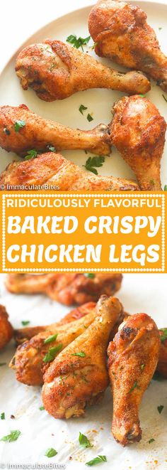 baked crispy chicken legs on a white plate