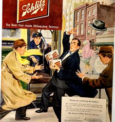 an old advertisement from the early 20th century shows men in suits and hats on a city street