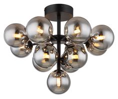 a modern chandelier with chrome balls hanging from the ceiling