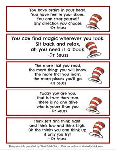 three dr seuss bookmarks with the cat in the hat on them