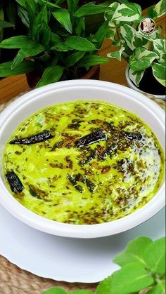 a white bowl filled with green soup on top of a table next to potted plants