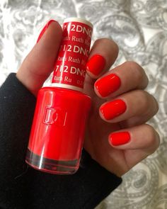 Red Orange Gel Polish, Neon Nail Polish Colors, Dnd Ruth Gel Polish, Neon Red Gel Polish, Dnd 712 Ruth Nails, Red Gel Colors, Red Orange Gel Nails, Bright Red Nails Dnd, Dnd 474 Striking Red