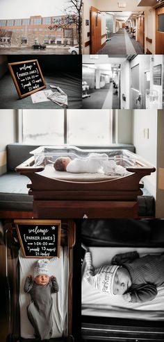 there is a baby laying in a crib and some pictures on the wall behind it