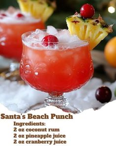 two cocktails with pineapple and cranberry juice on the rim are shown in front of an advertisement for santa's beach punch