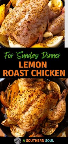 lemon roast chicken in a cast iron skillet with text overlay that reads for sunday dinner