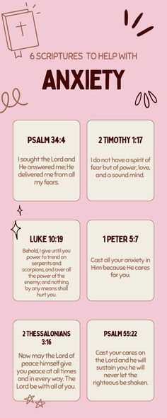 a pink poster with the words, 6 scriptures to help anxiey on it