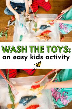 two children are playing with toys in an ice tray on the floor, and one child is brushing their teeth