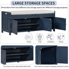 the large storage space has three doors, two different spaces for different storage purposess