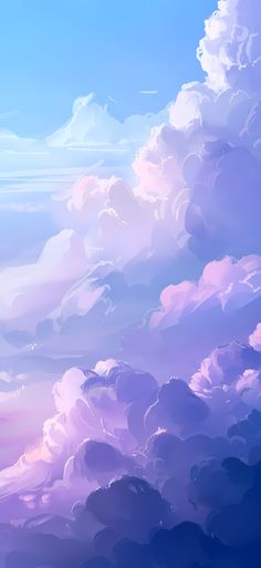 the sky is filled with fluffy clouds and some blue, purple, and yellow colors