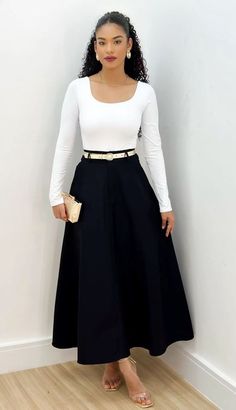 Ministry Outfits Jw, Long Skirt Classy Outfit, All Black Church Outfit, Church Skirt Outfit, Long Black Skirt Outfit Ideas, Skirt Outfits Modest Classy, Elegant Church Outfits, Jw Fashion, Modest Casual Outfits