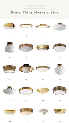 brass flush and mount lights are shown in various sizes, shapes and colors for different lighting types