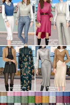 six different outfits for females with long sleeves and high collars, all in various colors