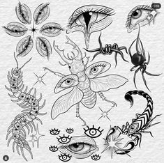 an image of some bugs and other things in black ink on white paper with watermarks