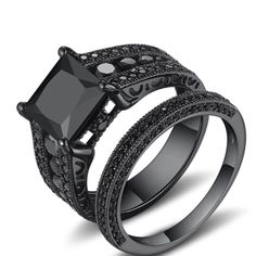 black gold engagement ring set with princess cut diamond center stone and matching wedding band for women