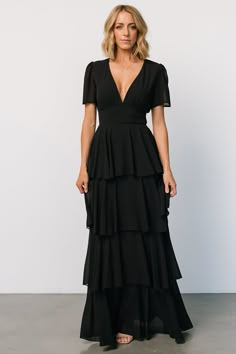 Montaigne Ruffle Maxi Dress | Black Fitted Chiffon Tiered Dress, Elegant Black Chiffon Prom Dress, Tiered Chiffon Party Dress, Tiered Chiffon Evening Dress, Floor-length Ruffled Chiffon Party Dress, Flowy Tiered Chiffon Evening Dress, Fitted Tiered Chiffon Dress, Flowy Tiered Chiffon Dress For Evening, Flowy Tiered Maxi Dress For Party