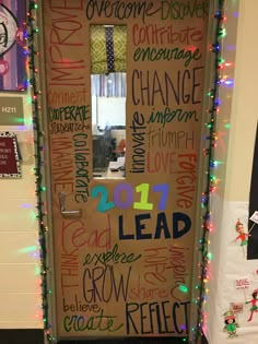 a door decorated with words and lights