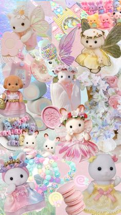 a collage of teddy bears and other items in pastel pink, blue, yellow and white