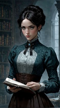 a painting of a woman holding a book in front of a bookshelf filled with books