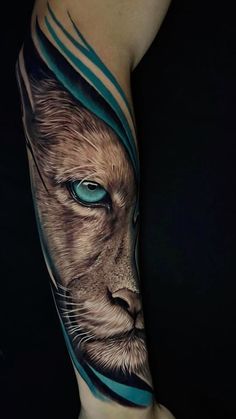 a cat with blue eyes is shown on the arm and leg, as if it were painted