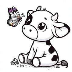 a cartoon cow sitting on the ground with a butterfly flying over it's head