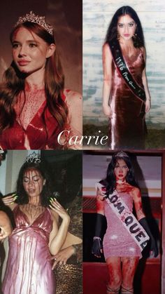 four pictures of women dressed in costumes, one is wearing a tiara and the other has