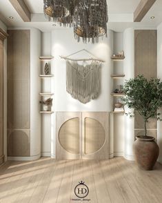 a living room with white walls and wooden flooring, chandelier hanging from the ceiling