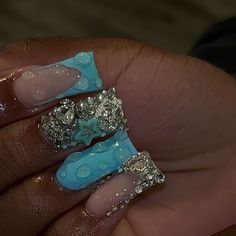 Teal And Silver Nails, Cute Birthday Nail Ideas, Medium Short Nails, Nails Acrylic Blue, Cute Nails Acrylic, Nail Designs Acrylic, Teal Nails, Pinned Post, Retro Nails